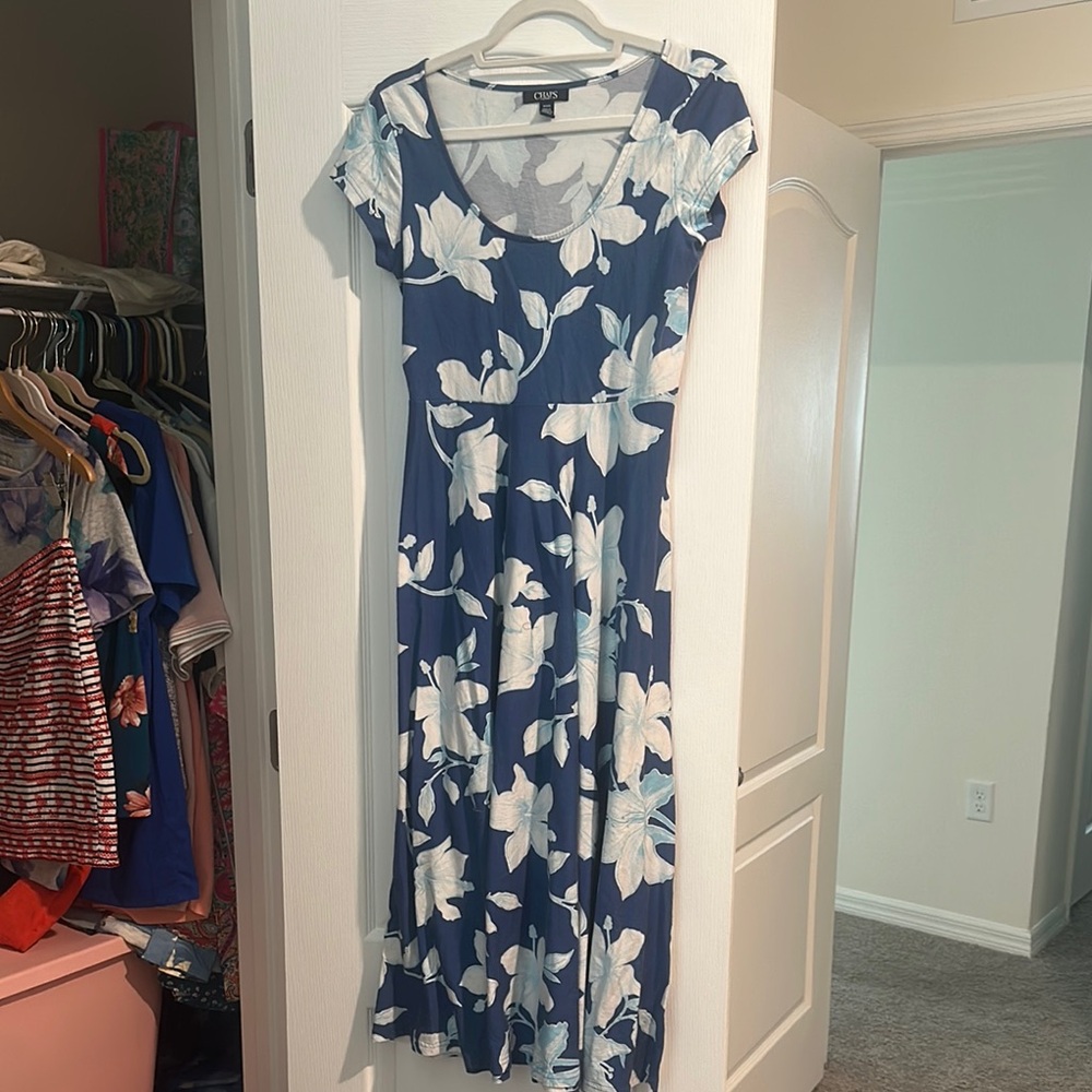 Chaps Navy and White Floral Midi Dress